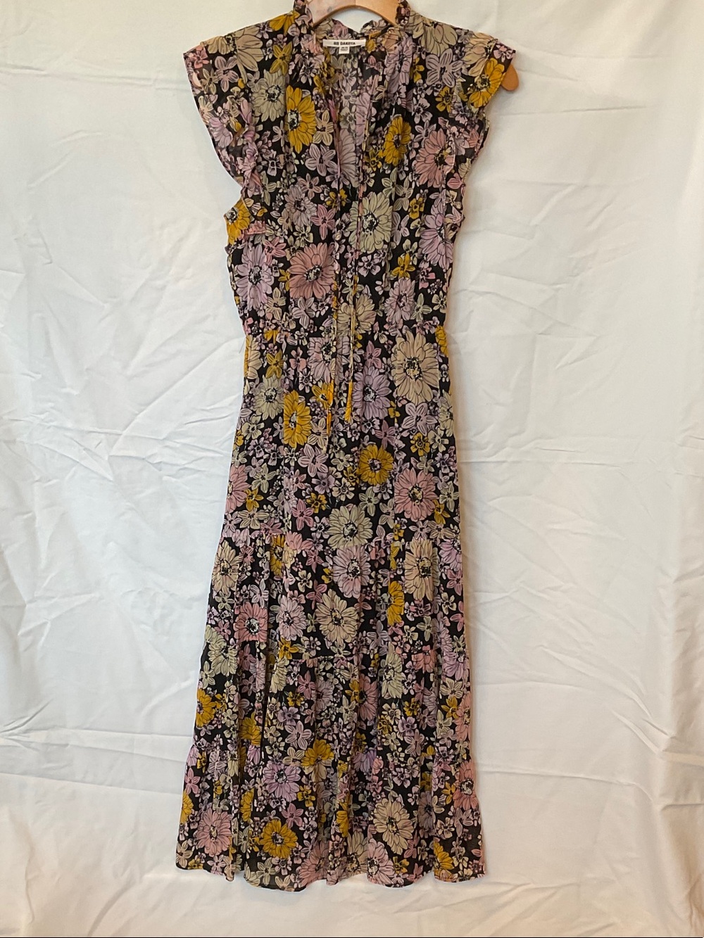 BB Dakota Black Maxi Dress with Pink & Yellow Floral Pattern